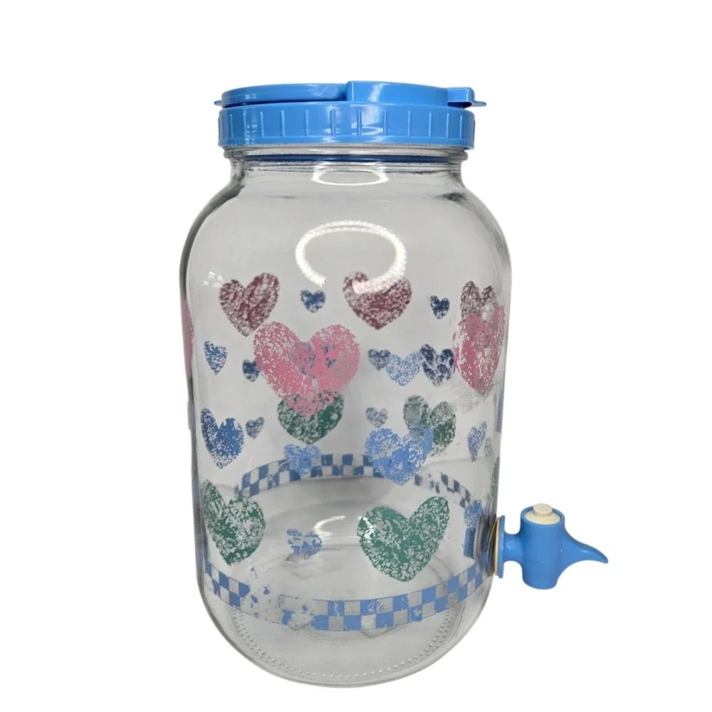 Country Hearts & Checkers Glass Sun Tea Jar W Blue Plastic Lid & Spigot Vtg 80s